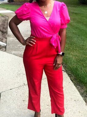 Two-Tone Pink & Red Women's Jumpsuit with Tie Waist sz M